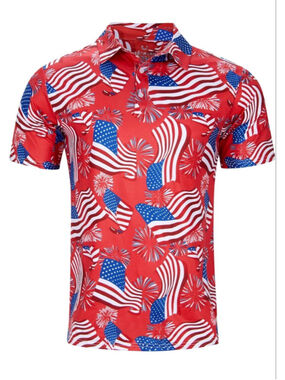 NEW Mens Polo Short Sleeve Dry Fit 4th of July Moisture Wicking Shirt M